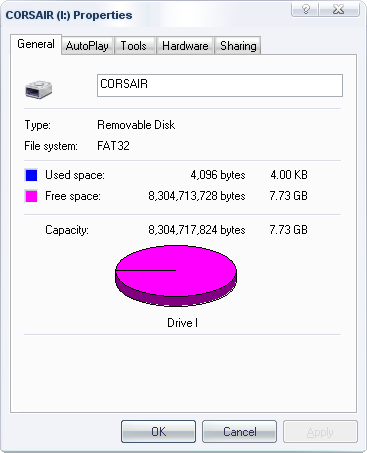 Drive properties, a whopping 7.73 GiB of space.