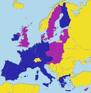 Map of which countries in the EU use the Euro as of 2006.